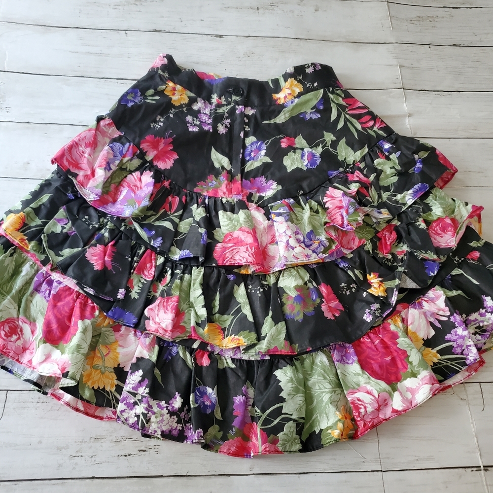 Vintage floral skirt high waisted tiered‎ ruffles 89s 90s - Picture 9 of 11